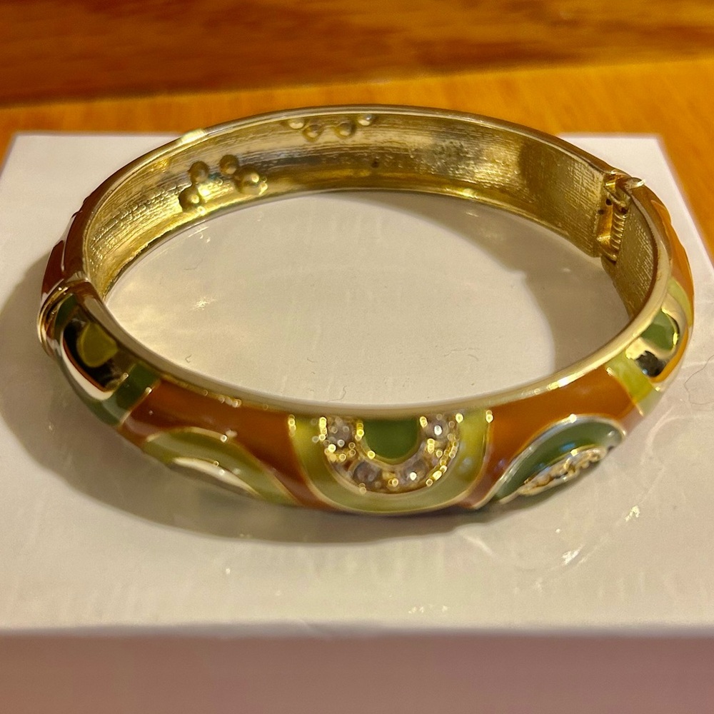 Gold plated brown & green enamel with gold crystal  hinged bangle bracelet